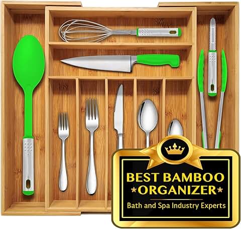 Expandable Bamboo Silverware Drawer Organizer with 9 Compartments