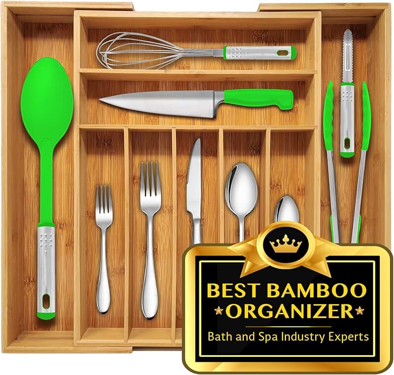 Expandable Bamboo Silverware Drawer Organizer with 9 Compartments