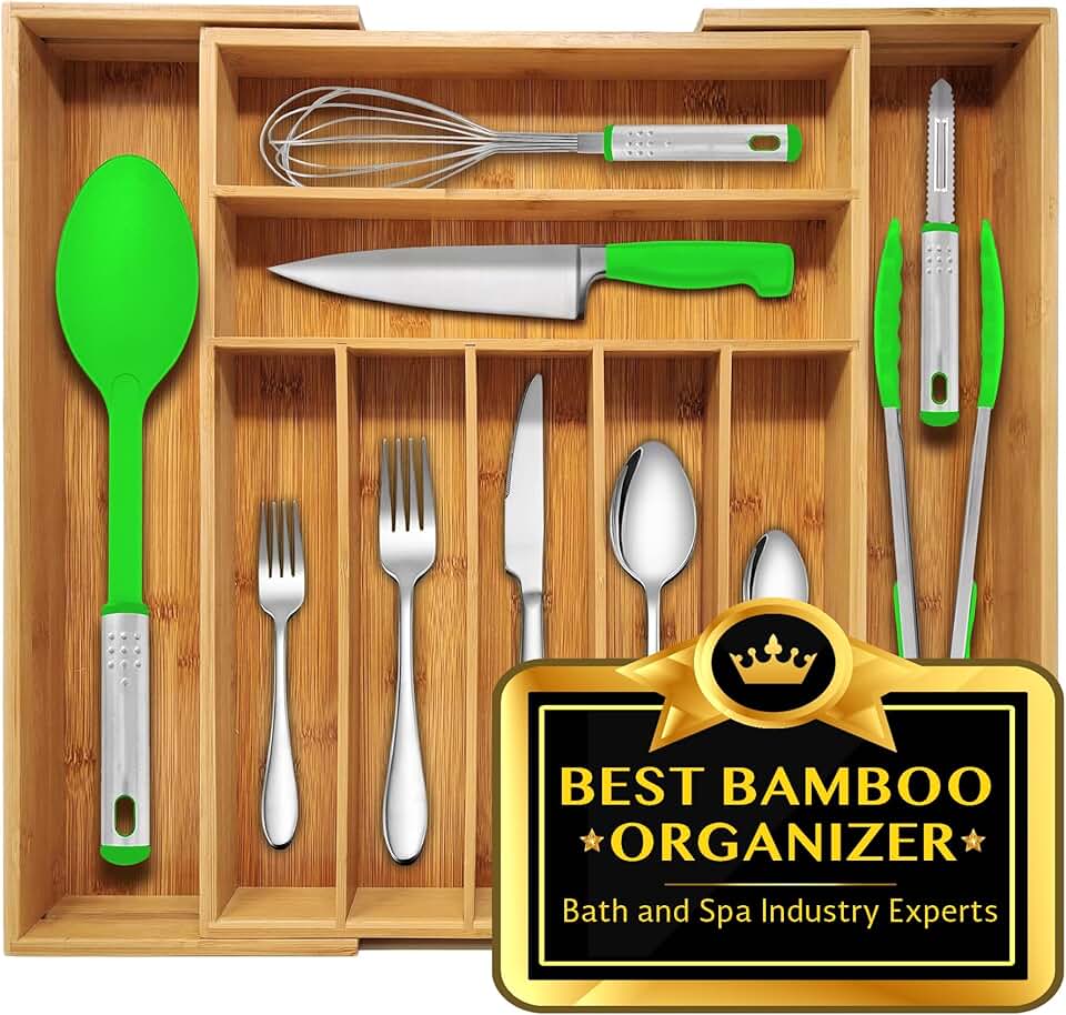 Expandable Bamboo Silverware Drawer Organizer with 9 Compartments