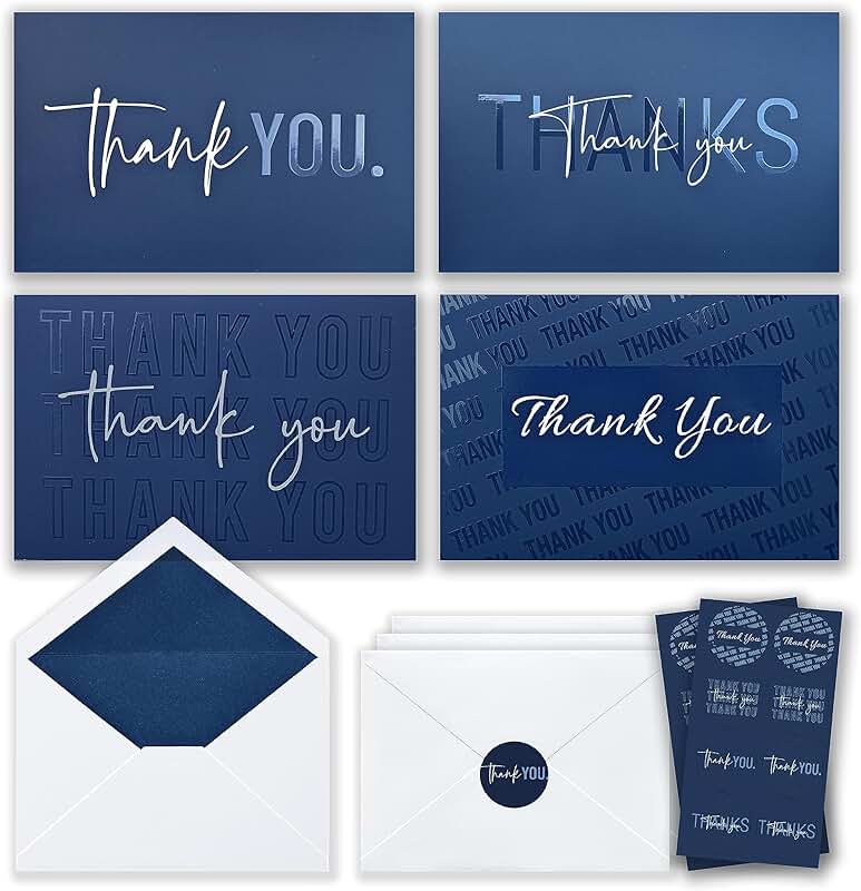 Set of 100 Navy Blue Thank You Cards with Envelopes and Stickers