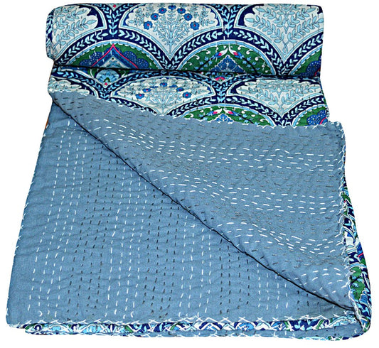 Rembo Print Twin Size Kantha Quilt Green, Kantha Blanket, Bed Cover, Twin Kantha Bedspread, Bohemian Bedding Kantha Size 90 Inch x 60 Inch