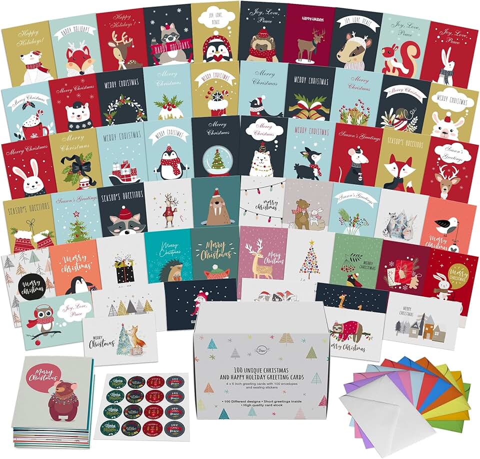 100 Unique Modern Christmas Cards with Envelopes and Stickers