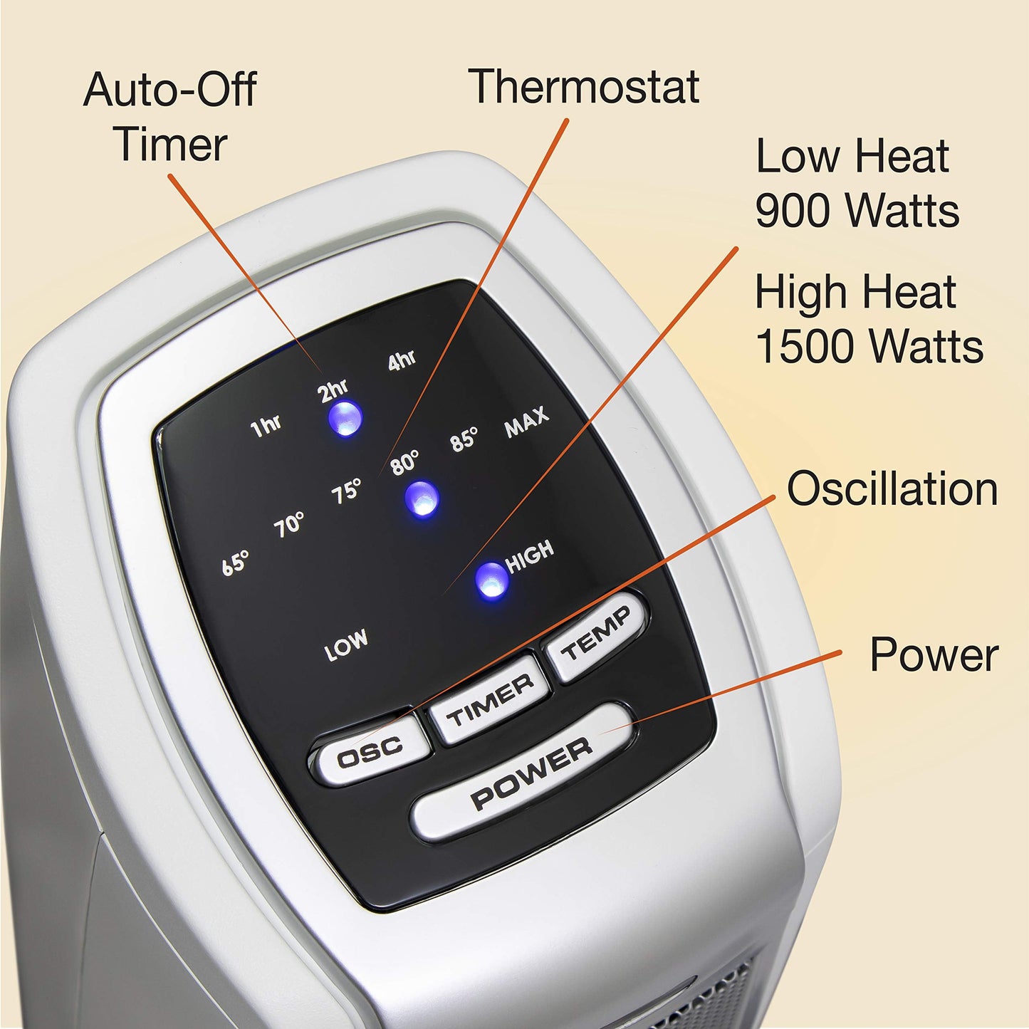 Oscillating Ceramic Tower Space Heater for Home with Overheat Protection, Timer, 22.5 Inches, Silver, 1500W, 5775