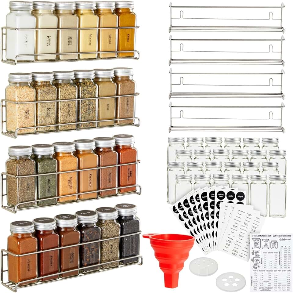 Kitchen Spice Rack Organizer with Jars and Labels
