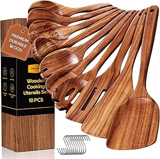 10-Piece Wooden Cooking Spoons Set with Hooks