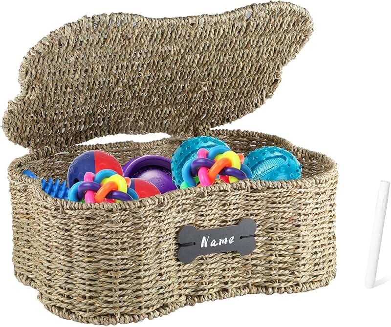 Seagrass Wicker Dog Toy Basket with Lid