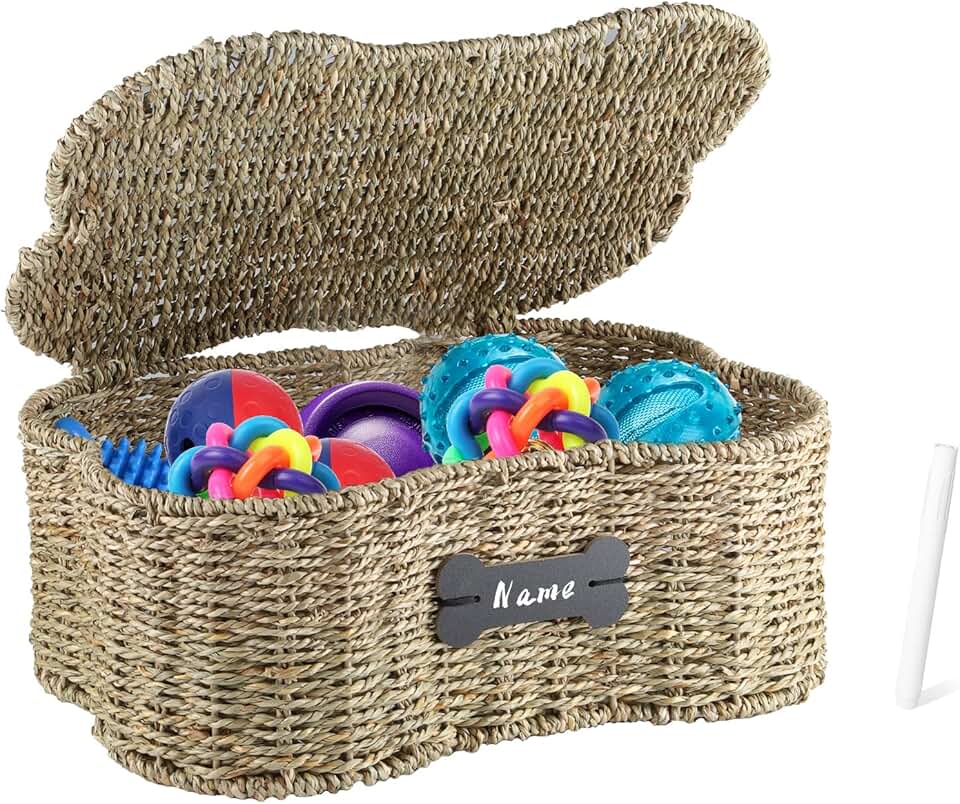 Seagrass Wicker Dog Toy Basket with Lid