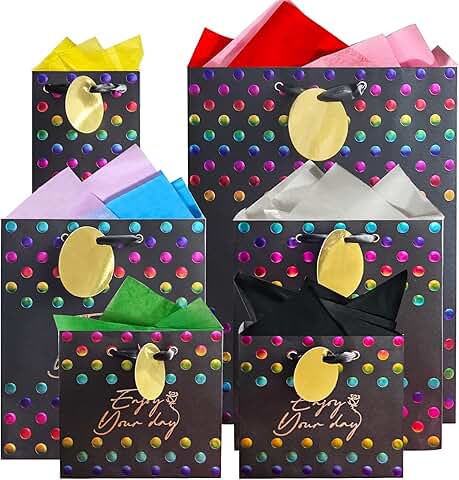 Six Black Embossed Polka Dot Gift Bags with Handles