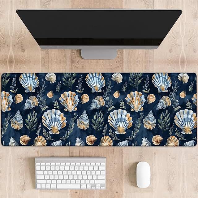 Blue and Gold Seashells Large Desk Mouse Pad