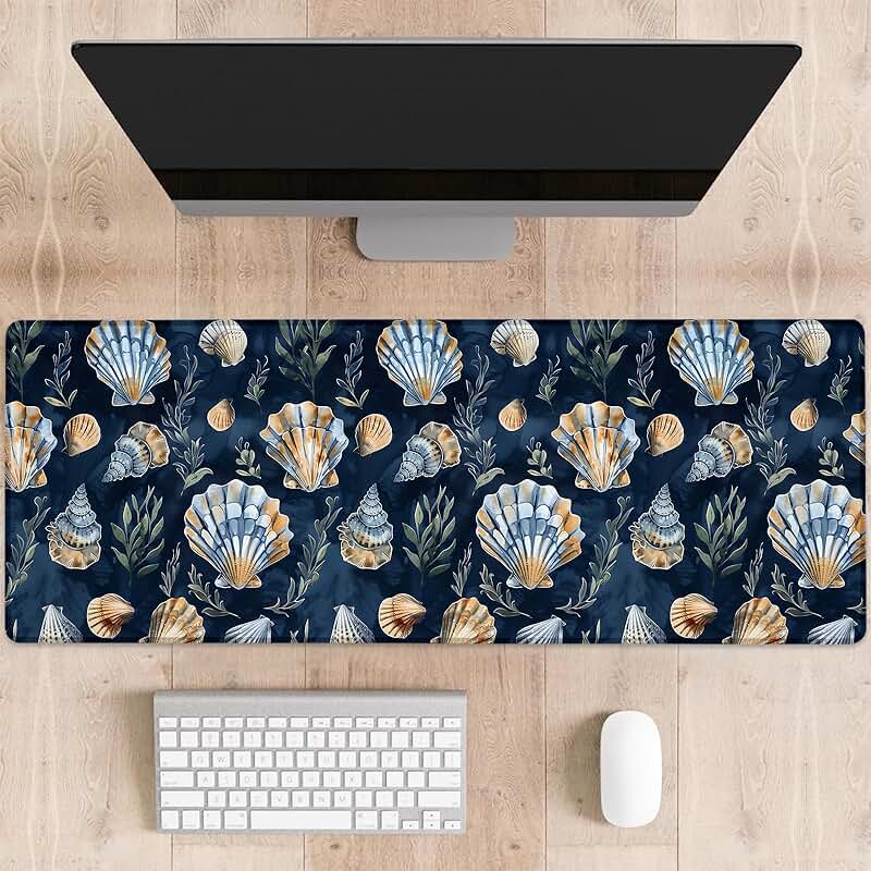 Blue and Gold Seashells Large Desk Mouse Pad