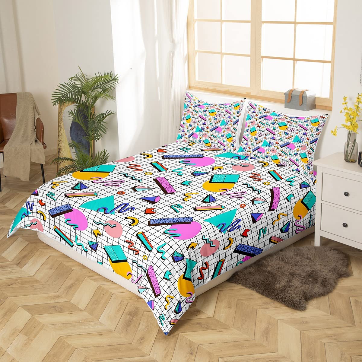 80s 90S Fashion Style Bedding Set Queen Size,Retro Memphis Style Pattern with Geometrical Shapes Duvet Cover for Kids Child,Funky Hipster Old Fashioned Comforter Cover Geometric Bedroom Decor