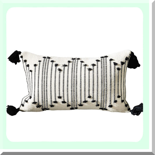 Boho Woven Lumbar Pillow Cover Set - Decorative Rectangle Throw Pillows - Black & White Pillowcase for Couch, Sofa, Bed, Car - 12x20 Inch