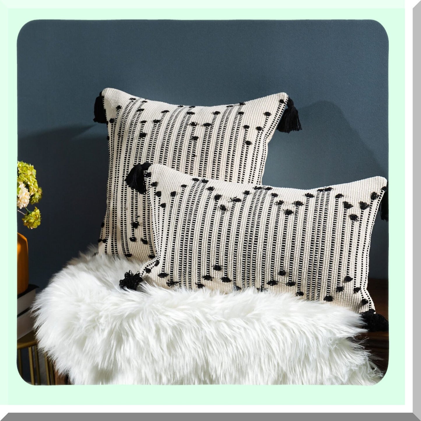 Boho Woven Lumbar Pillow Cover Set - Decorative Rectangle Throw Pillows - Black & White Pillowcase for Couch, Sofa, Bed, Car - 12x20 Inch