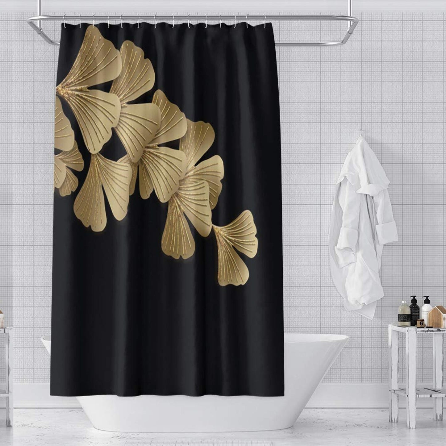 60x72inch Golden Ginkgo Leaf Shower Curtain Black Yellow
