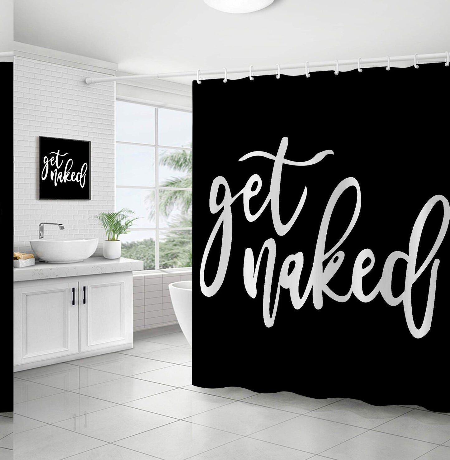 White Waffle Shower Curtain with Funny Words Get Naked