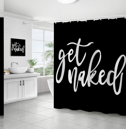 White Waffle Shower Curtain with Funny Words Get Naked