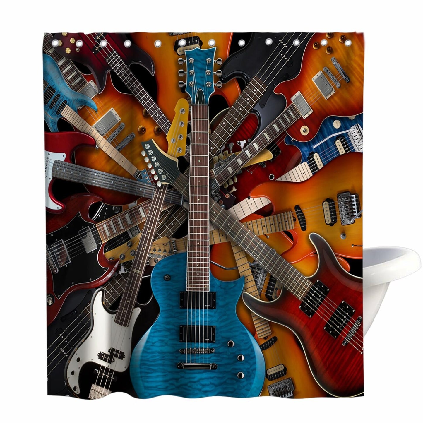 Music Shower Curtain Instruments Guitar 72x72 Inch Brown White Blue