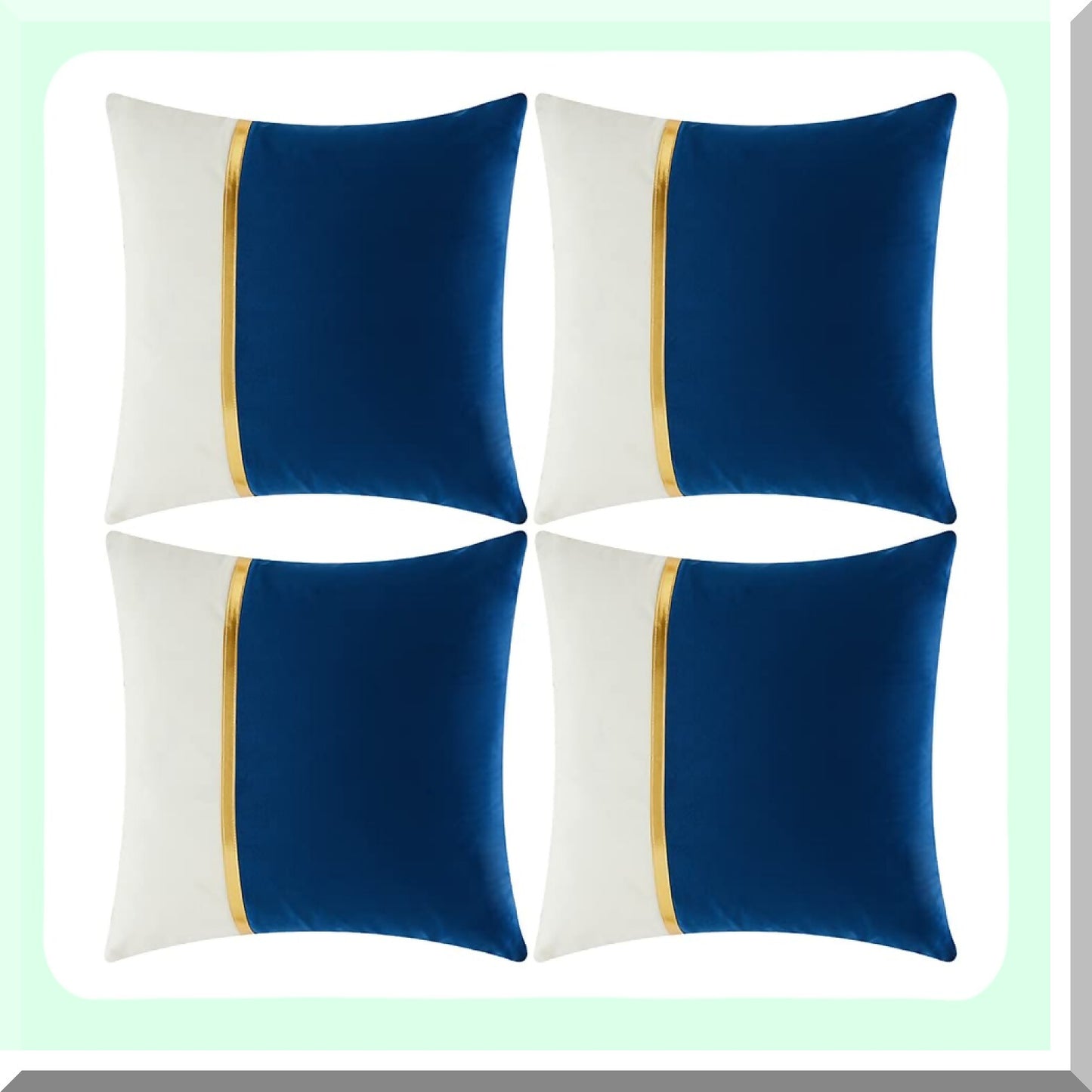 Royal Blue Velvet Patchwork Pillow Covers - Set of 4 | Gold Leather Accent | Luxury Home Decor Cushion Cases for Living Room Couch Bed | 18x18 Inch Square | Blue and White Theme