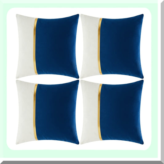 Royal Blue Velvet Patchwork Pillow Covers - Set of 4 | Gold Leather Accent | Luxury Home Decor Cushion Cases for Living Room Couch Bed | 18x18 Inch Square | Blue and White Theme