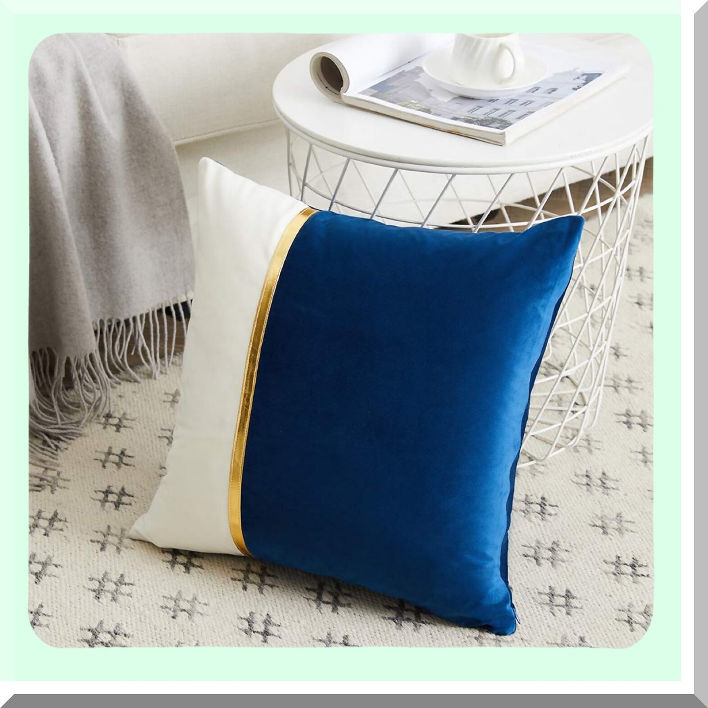 Royal Blue Velvet Patchwork Pillow Covers - Set of 4 | Gold Leather Accent | Luxury Home Decor Cushion Cases for Living Room Couch Bed | 18x18 Inch Square | Blue and White Theme