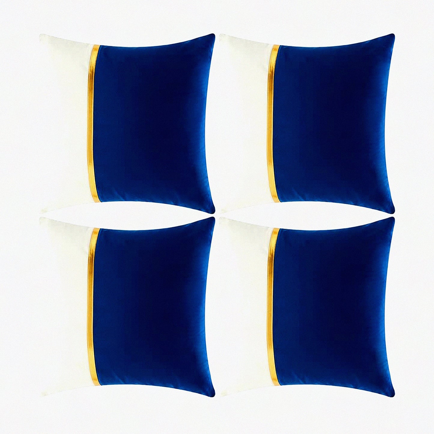 Royal Blue Velvet Patchwork Pillow Covers - Set of 4 | Gold Leather Accent | Luxury Home Decor Cushion Cases for Living Room Couch Bed | 18x18 Inch Square | Blue and White Theme