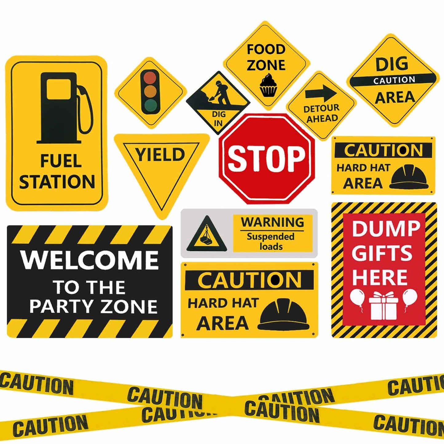 Construction Zone Party Pack - 13pc Construction Birthday Decor Set with 11.8" Wall Signs & Yellow Caution Tape. Perfect for Boys' Birthday or Baby Shower!