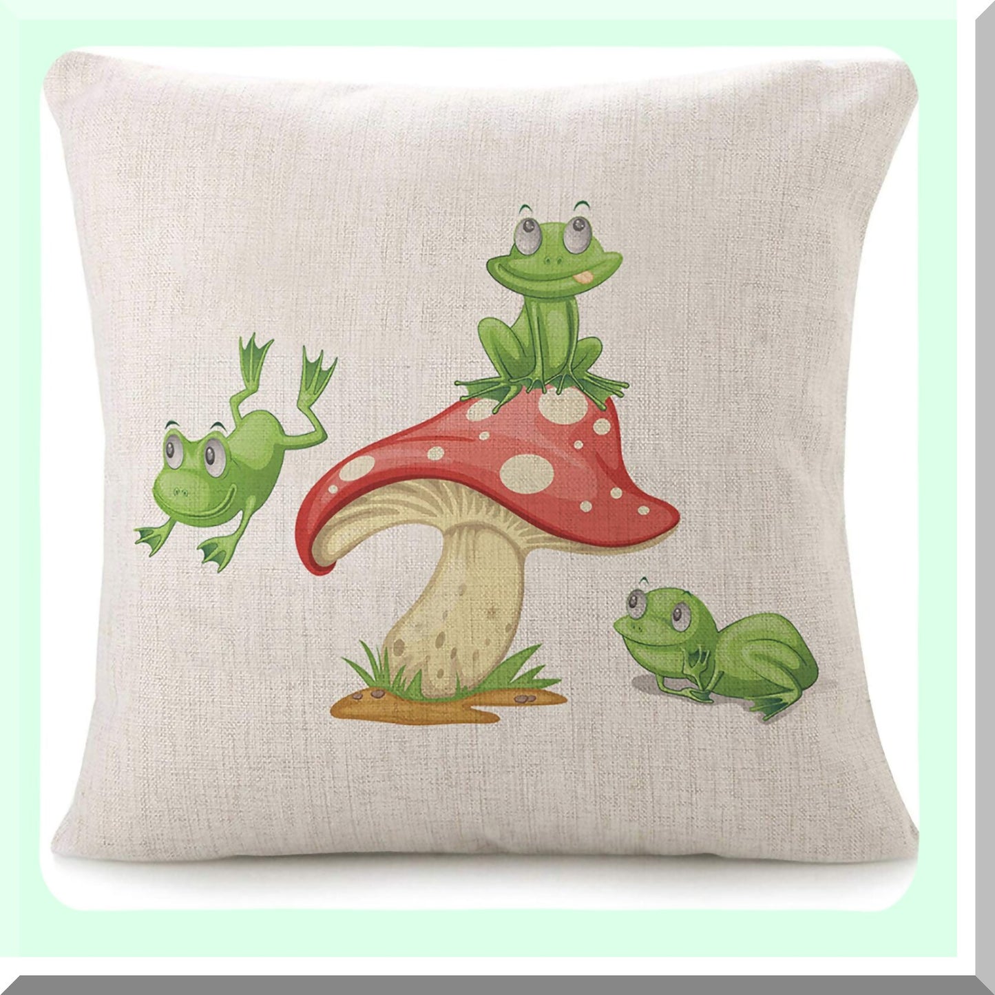 Froggy Fun Mushroom Pillow Covers - Adorable Cartoon Amphibian Decor for Couch or Bed! Cute Green and Red Spots Design, 18"X18" Square Linen Cushion Case.