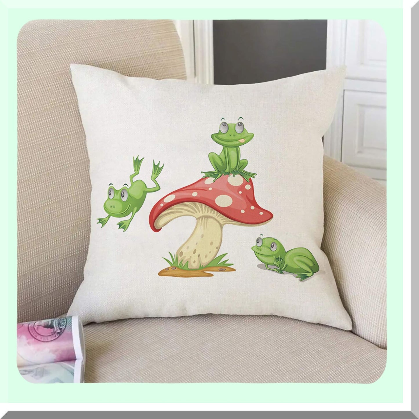 Froggy Fun Mushroom Pillow Covers - Adorable Cartoon Amphibian Decor for Couch or Bed! Cute Green and Red Spots Design, 18"X18" Square Linen Cushion Case.