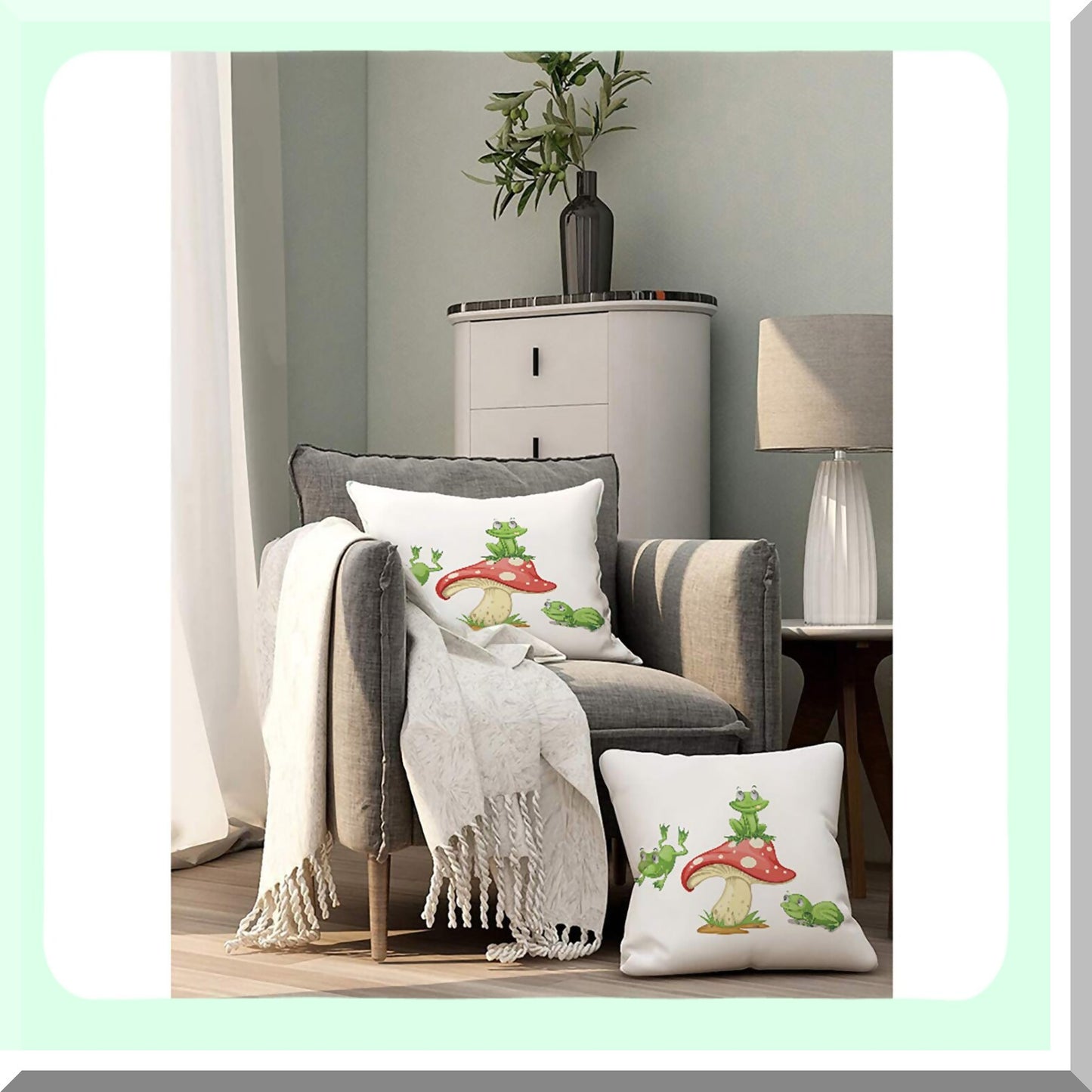 Froggy Fun Mushroom Pillow Covers - Adorable Cartoon Amphibian Decor for Couch or Bed! Cute Green and Red Spots Design, 18"X18" Square Linen Cushion Case.