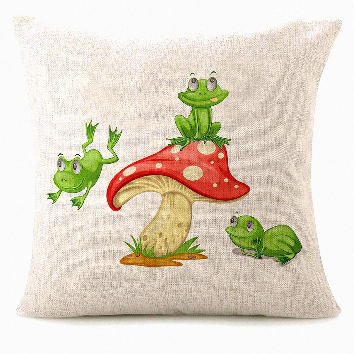 Froggy Fun Mushroom Pillow Covers - Adorable Cartoon Amphibian Decor for Couch or Bed! Cute Green and Red Spots Design, 18"X18" Square Linen Cushion Case.