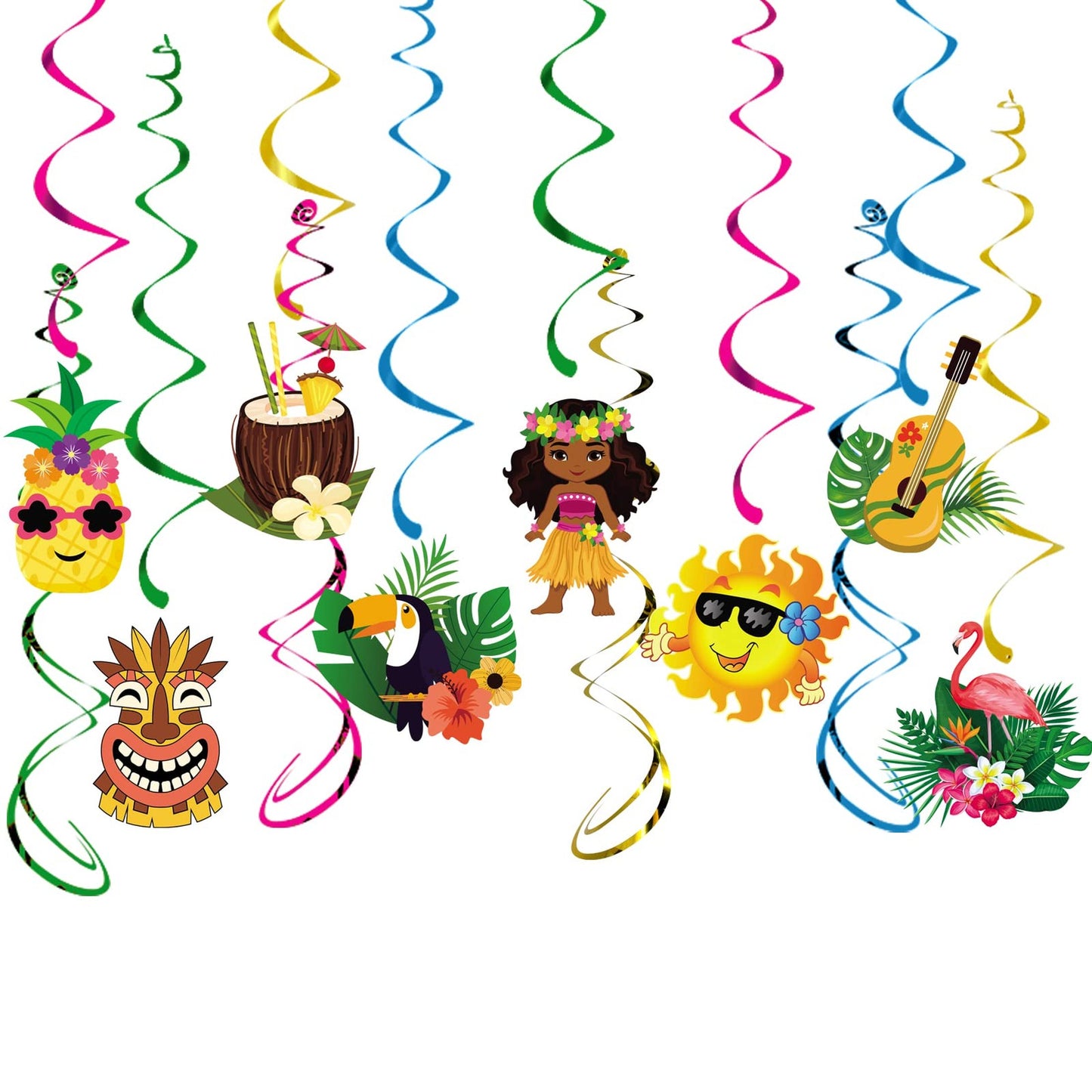 Tropical Aloha Party Decorations Set - 12Pcs Hanging Swirls & Streamers for Hawaiian Luau, Summer Pool Beach Birthday, Baby Shower, Bachelorette - Fun Banner Supplies