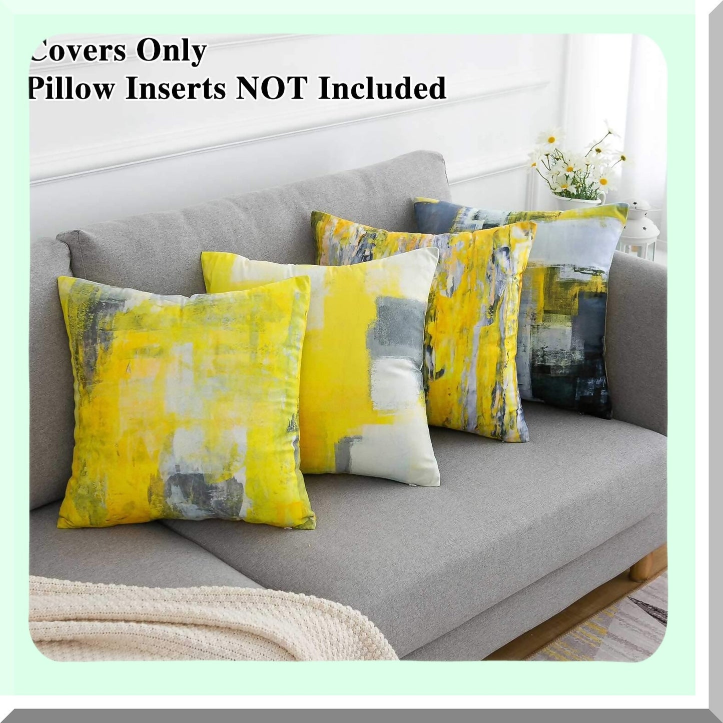Yellow Bliss Decor Set - 4 Pack of Yellow Throw Pillow Covers for Couch, Sofa, Living Room & Bedroom - 18x18 Inch Accent Cushion Cases with Grey Paint Design