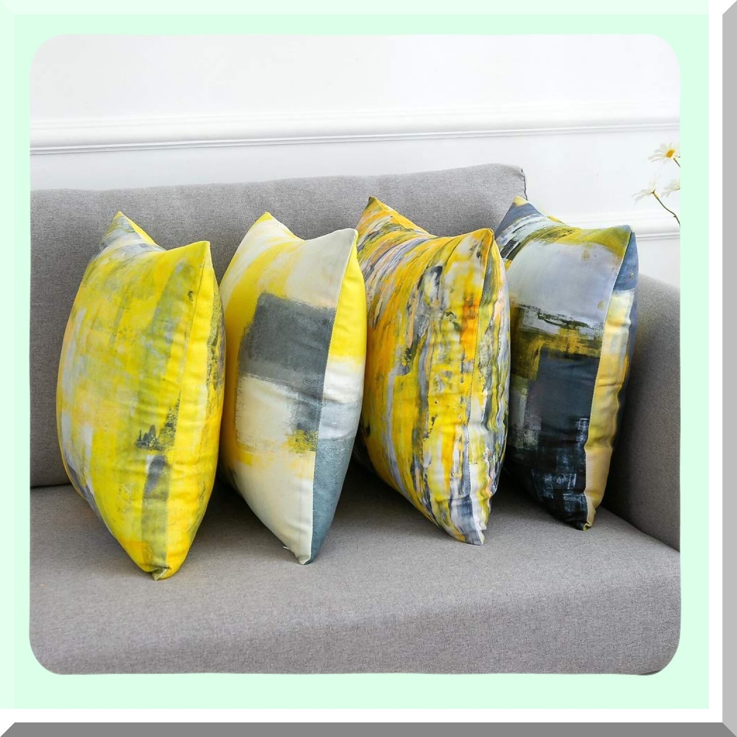 Yellow Bliss Decor Set - 4 Pack of Yellow Throw Pillow Covers for Couch, Sofa, Living Room & Bedroom - 18x18 Inch Accent Cushion Cases with Grey Paint Design