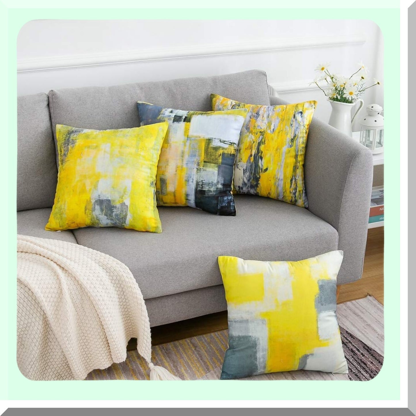 Yellow Bliss Decor Set - 4 Pack of Yellow Throw Pillow Covers for Couch, Sofa, Living Room & Bedroom - 18x18 Inch Accent Cushion Cases with Grey Paint Design