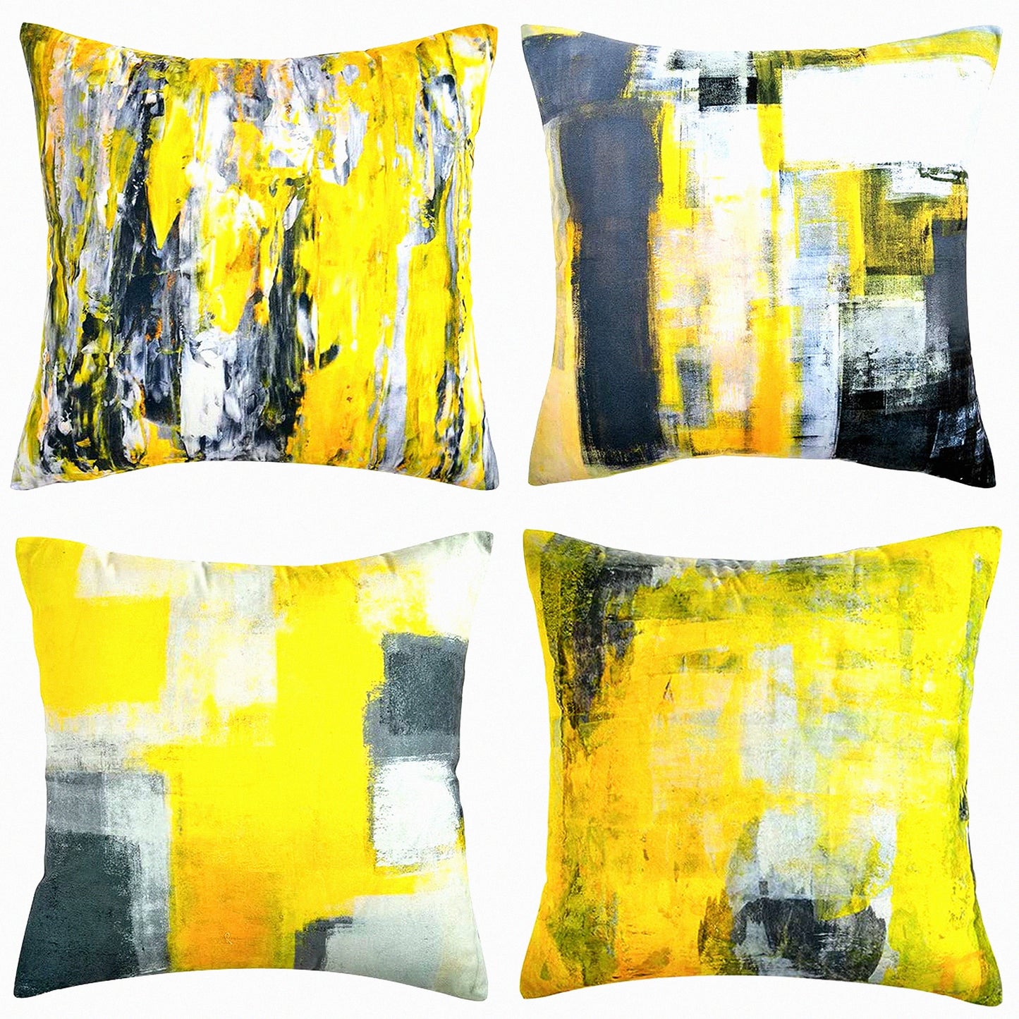 Yellow Bliss Decor Set - 4 Pack of Yellow Throw Pillow Covers for Couch, Sofa, Living Room & Bedroom - 18x18 Inch Accent Cushion Cases with Grey Paint Design