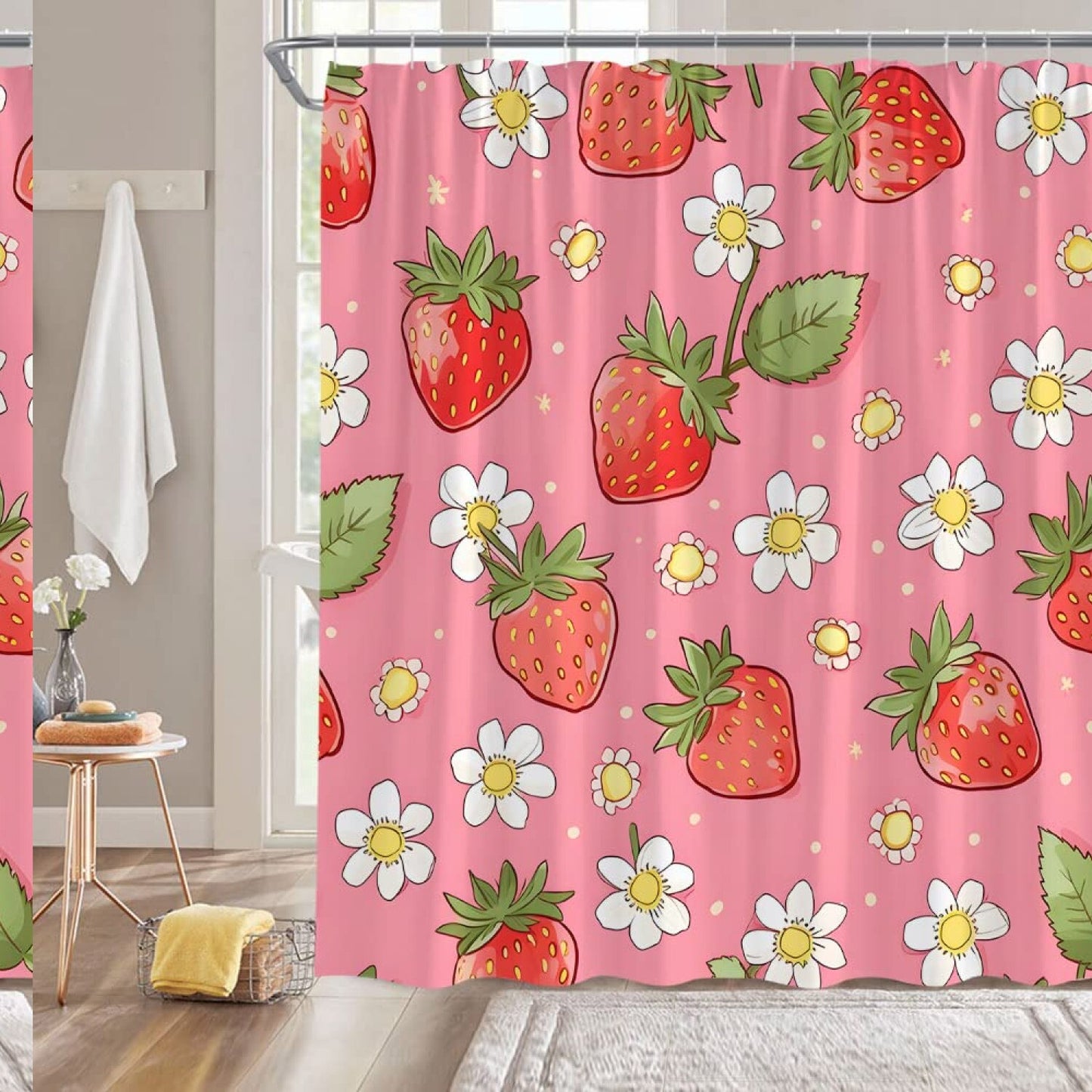 Pink Strawberry Shower Curtain 70x70 inches with Hooks