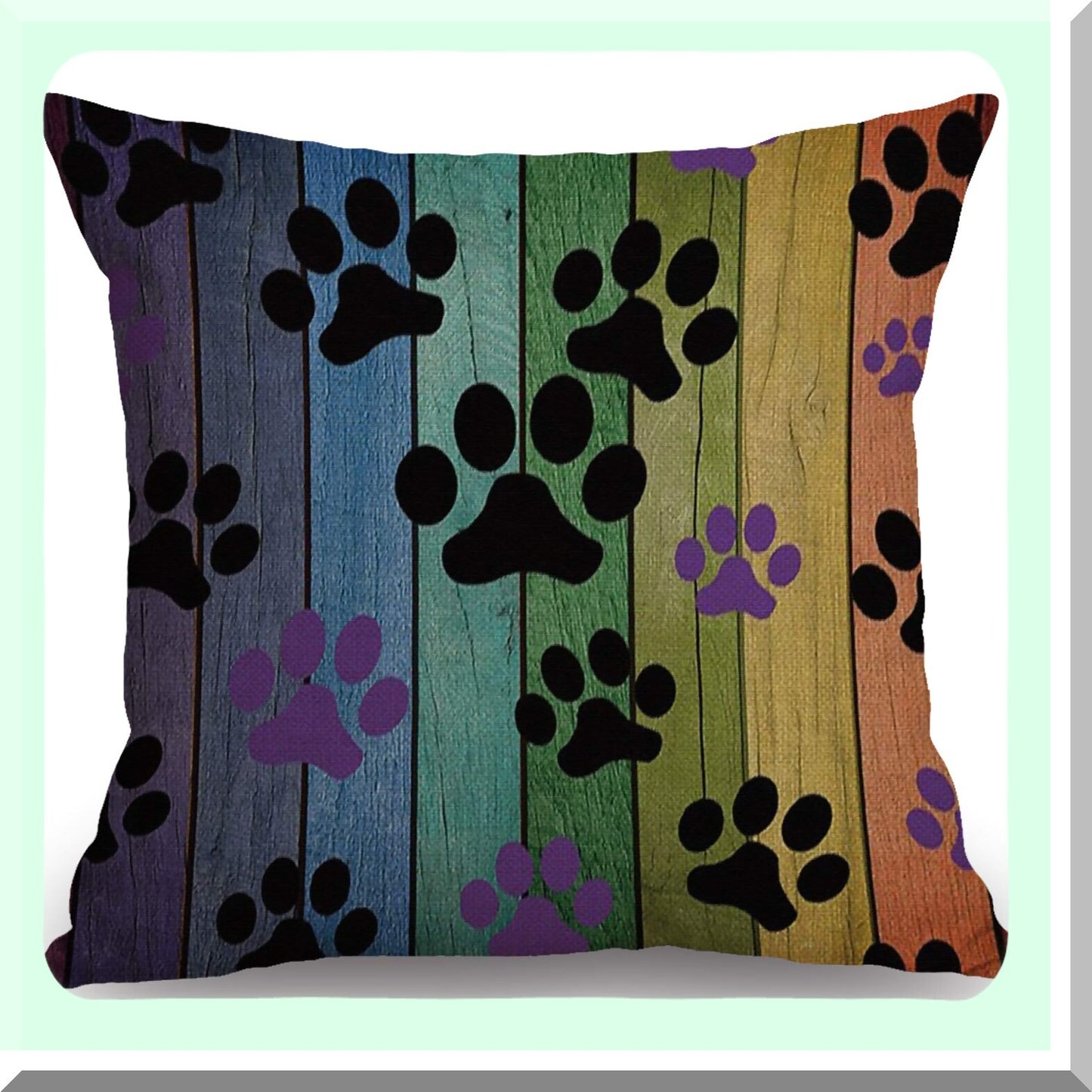 Rainbow Woodgrain Dog Paw Cushion Cover - Rustic Black Purple Cotton Linen Throw Pillow Case for Home Office Decor - 18x18 inch Square