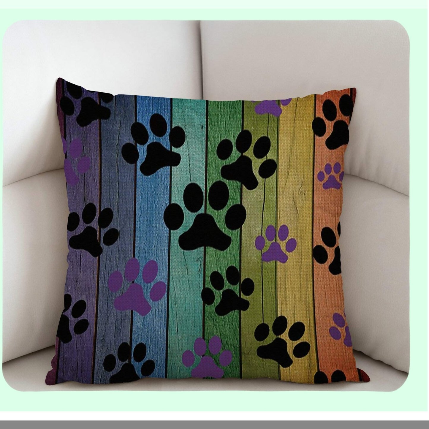 Rainbow Woodgrain Dog Paw Cushion Cover - Rustic Black Purple Cotton Linen Throw Pillow Case for Home Office Decor - 18x18 inch Square