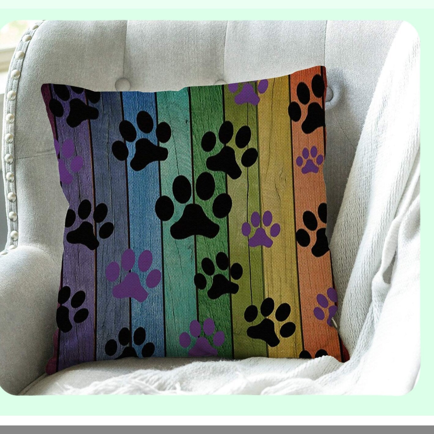 Rainbow Woodgrain Dog Paw Cushion Cover - Rustic Black Purple Cotton Linen Throw Pillow Case for Home Office Decor - 18x18 inch Square