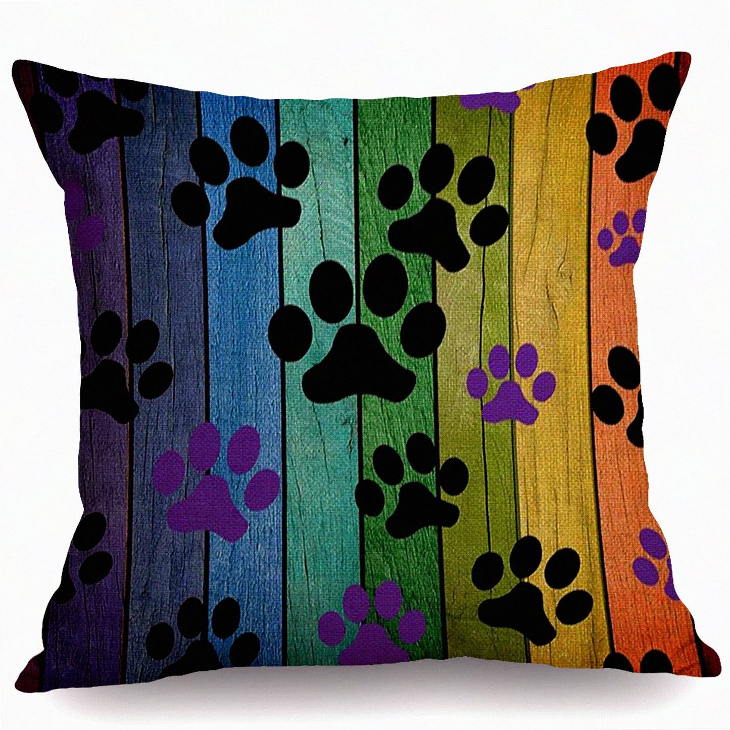 Rainbow Woodgrain Dog Paw Cushion Cover - Rustic Black Purple Cotton Linen Throw Pillow Case for Home Office Decor - 18x18 inch Square