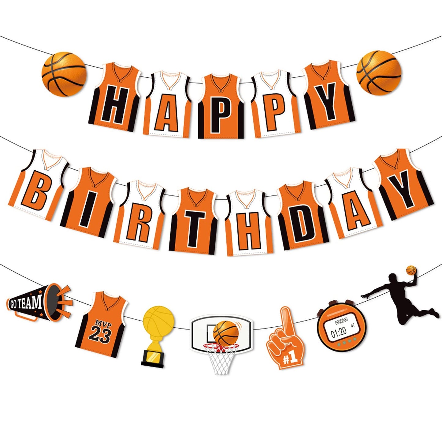 Basketball Birthday Bash Kit - Orange Black White Happy Birthday Banner & Paper Bunting Garland for Boy Girl Kids Sports Themed Party Decor