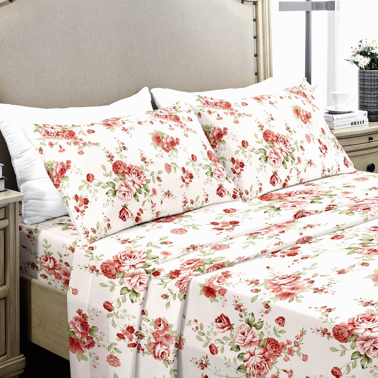 Floral Bliss Queen Sheet Set - Ultra Soft Microfiber Bed Sheets for Queen Size Bed with Deep Pocket - Fade and Shrink Resistant - 4PC Set