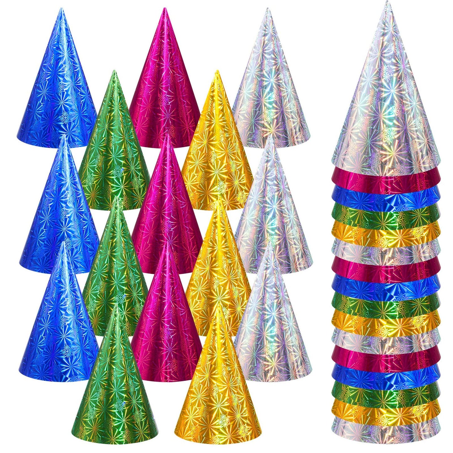 Colorful Metallic Party Cone Hats - 100 Pack for Birthday & New Year Celebrations. Vibrant & Fun Hats in 5 Colors for Festive Party Supplies!