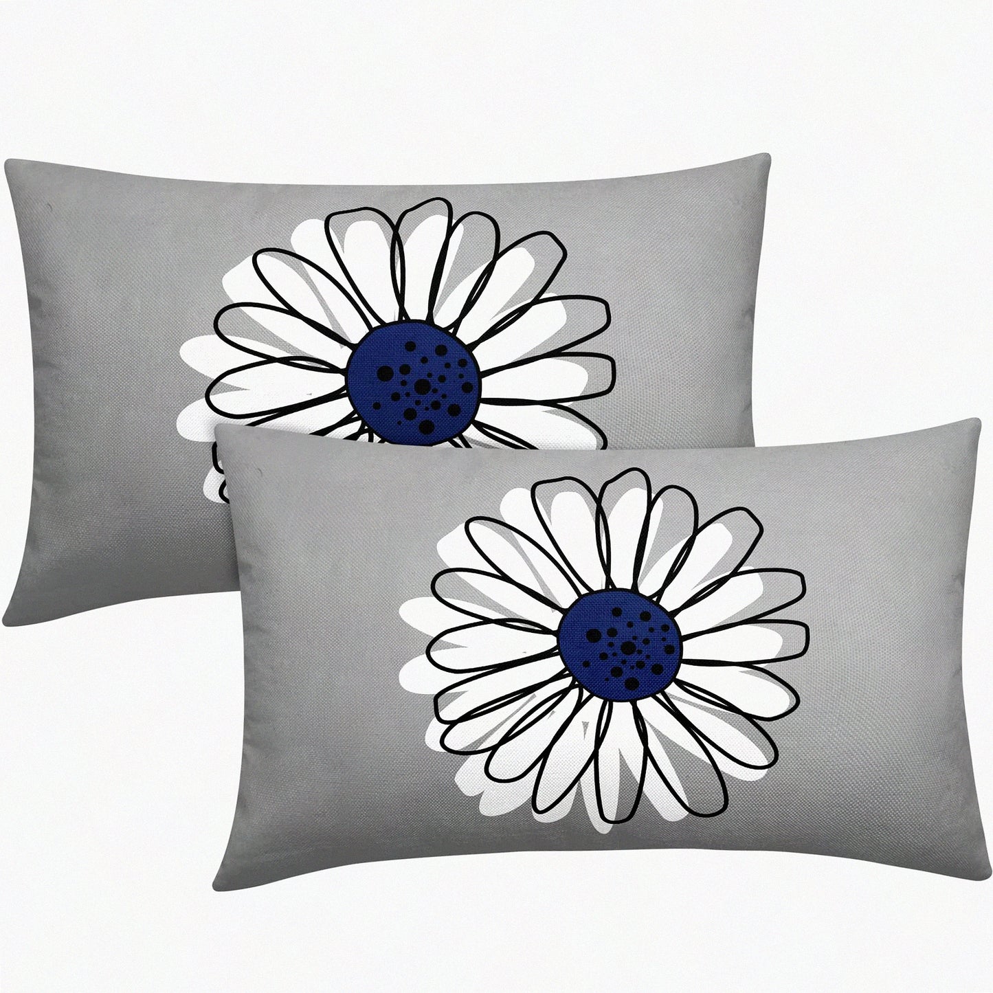Daisy Bloom Navy Blue Pillow Covers - Set of 2 Modern Art Flower Decorative Throw Pillows - Spring Summer Gray Colored Lumbar Cushion Case for Home Sofa