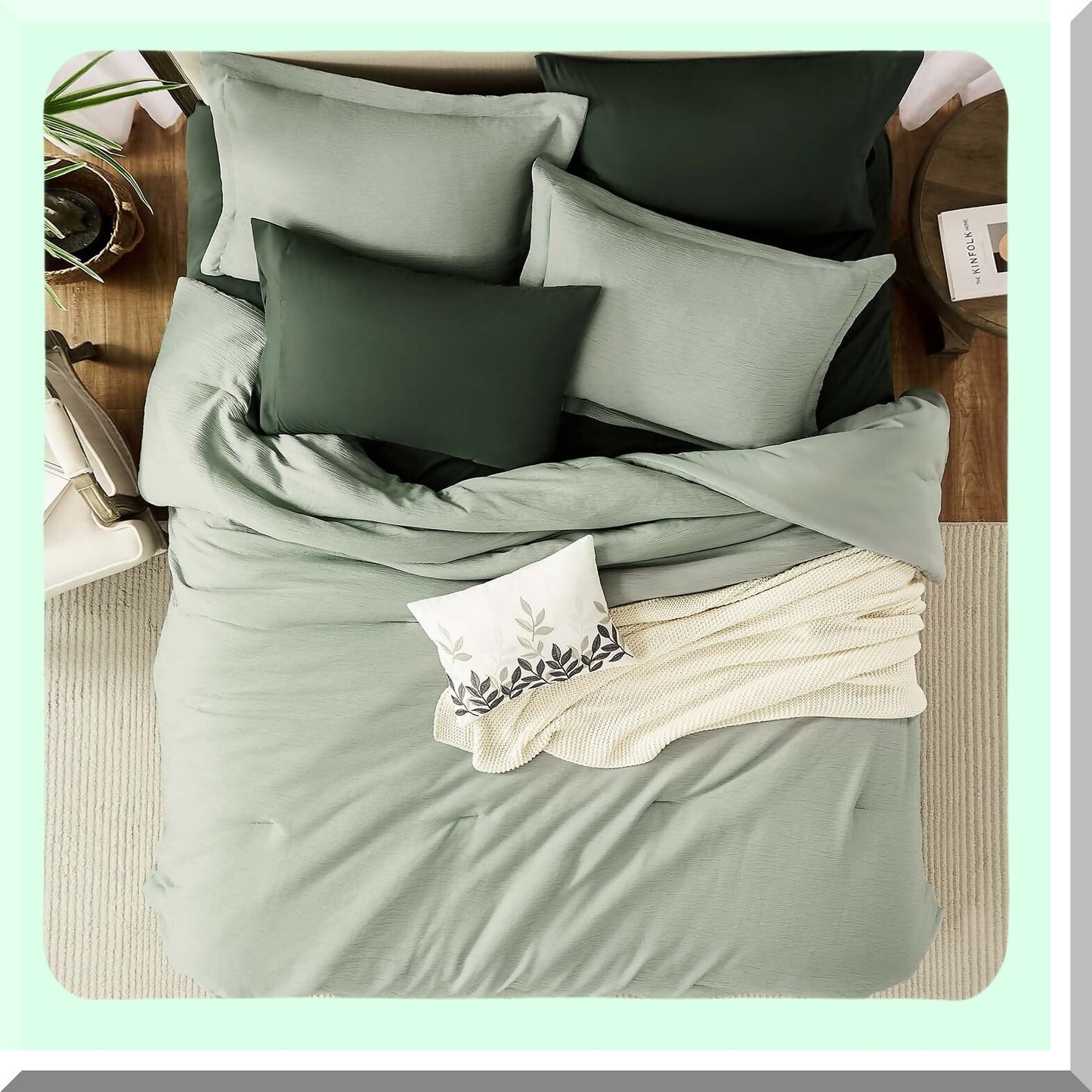 Sage Green Textured Comforter Set - Queen Size 8-Piece Bedding Bundle with Comforters, Sheets, Pillowcases, Shams - All Season Minimalist Design 90"x90"