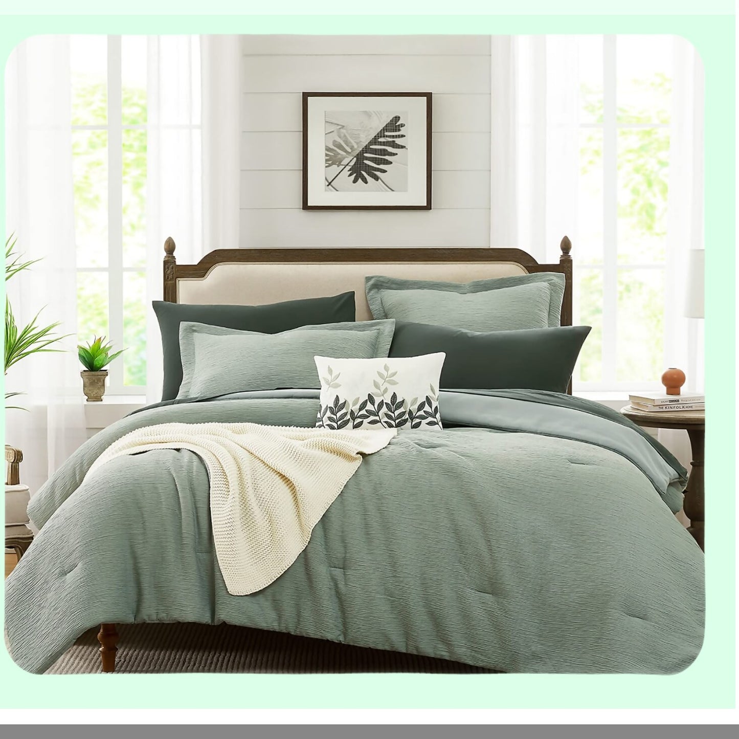 Sage Green Textured Comforter Set - Queen Size 8-Piece Bedding Bundle with Comforters, Sheets, Pillowcases, Shams - All Season Minimalist Design 90"x90"