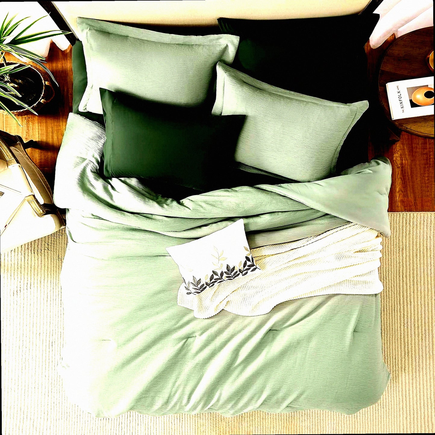 Sage Green Textured Comforter Set - Queen Size 8-Piece Bedding Bundle with Comforters, Sheets, Pillowcases, Shams - All Season Minimalist Design 90"x90"