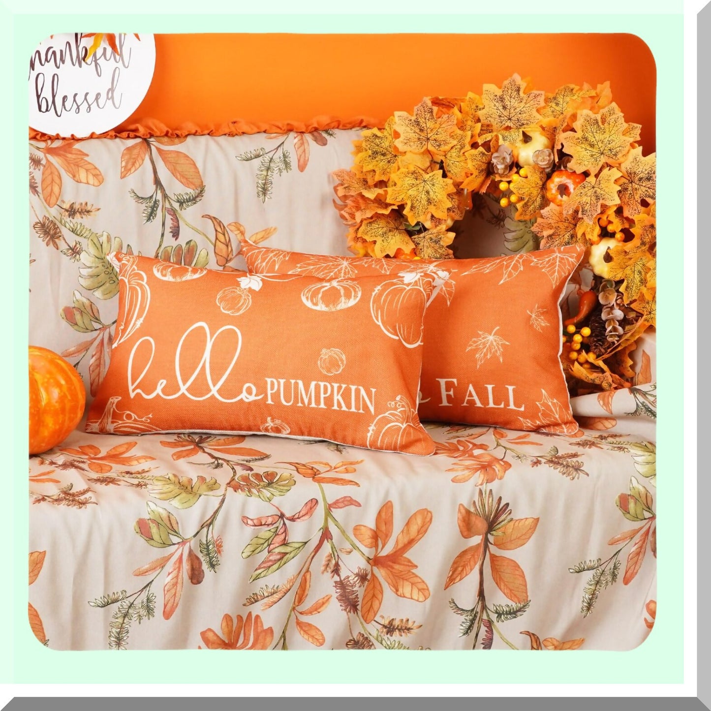 Autumn Harvest Decorative Pillow Covers - Set of 2 Farmhouse Pumpkin Maple Leaves Cushion Cover for Sofa Couch - Hello Fall Outdoor Patio Home Bed Décor