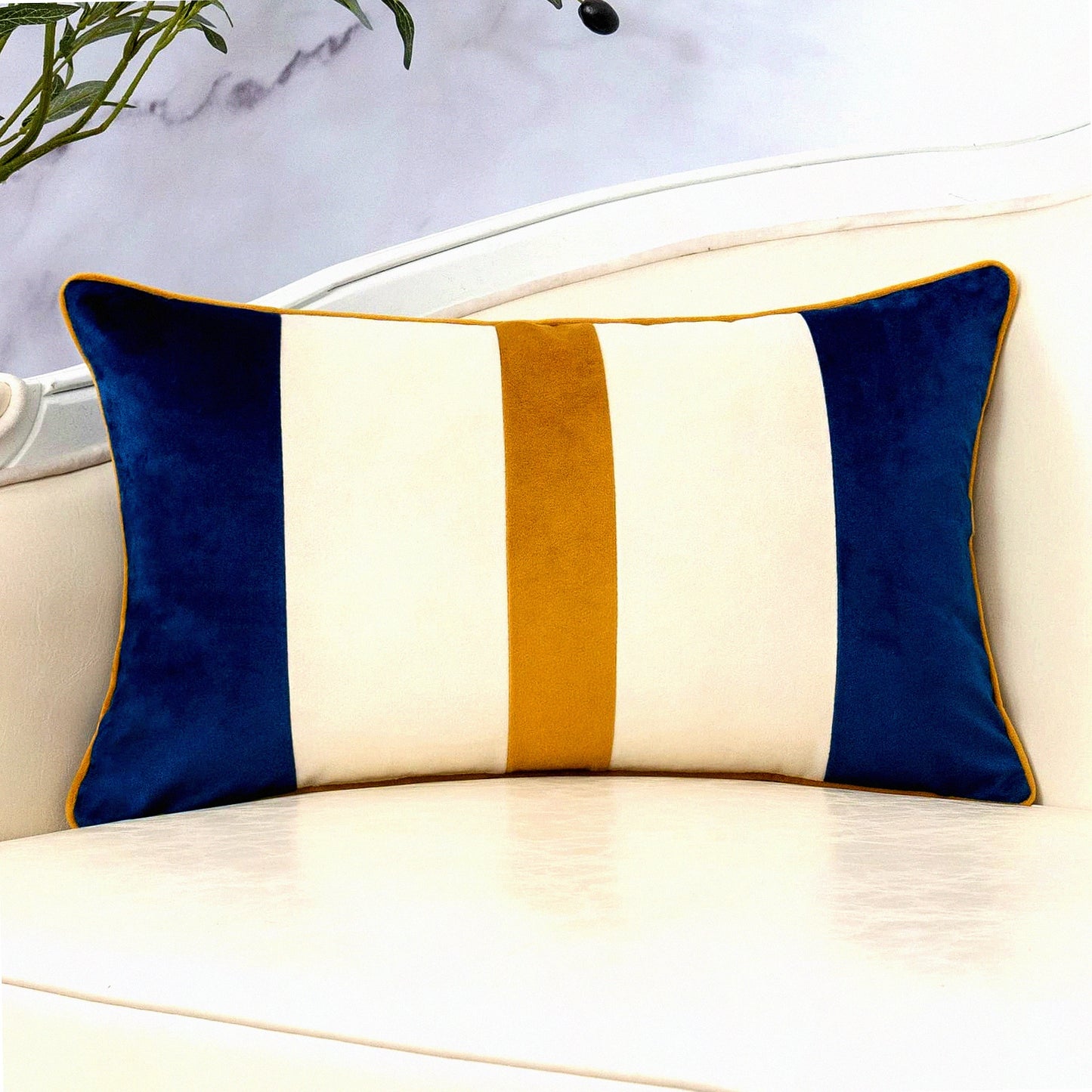 Modern Stripe Velvet Lumbar Pillow Cover - Navy Blue Patchwork Cushion Case for Sofa Couch, Bedroom & Living Room Decor - 12x20 Inch Oblong Pillowcase