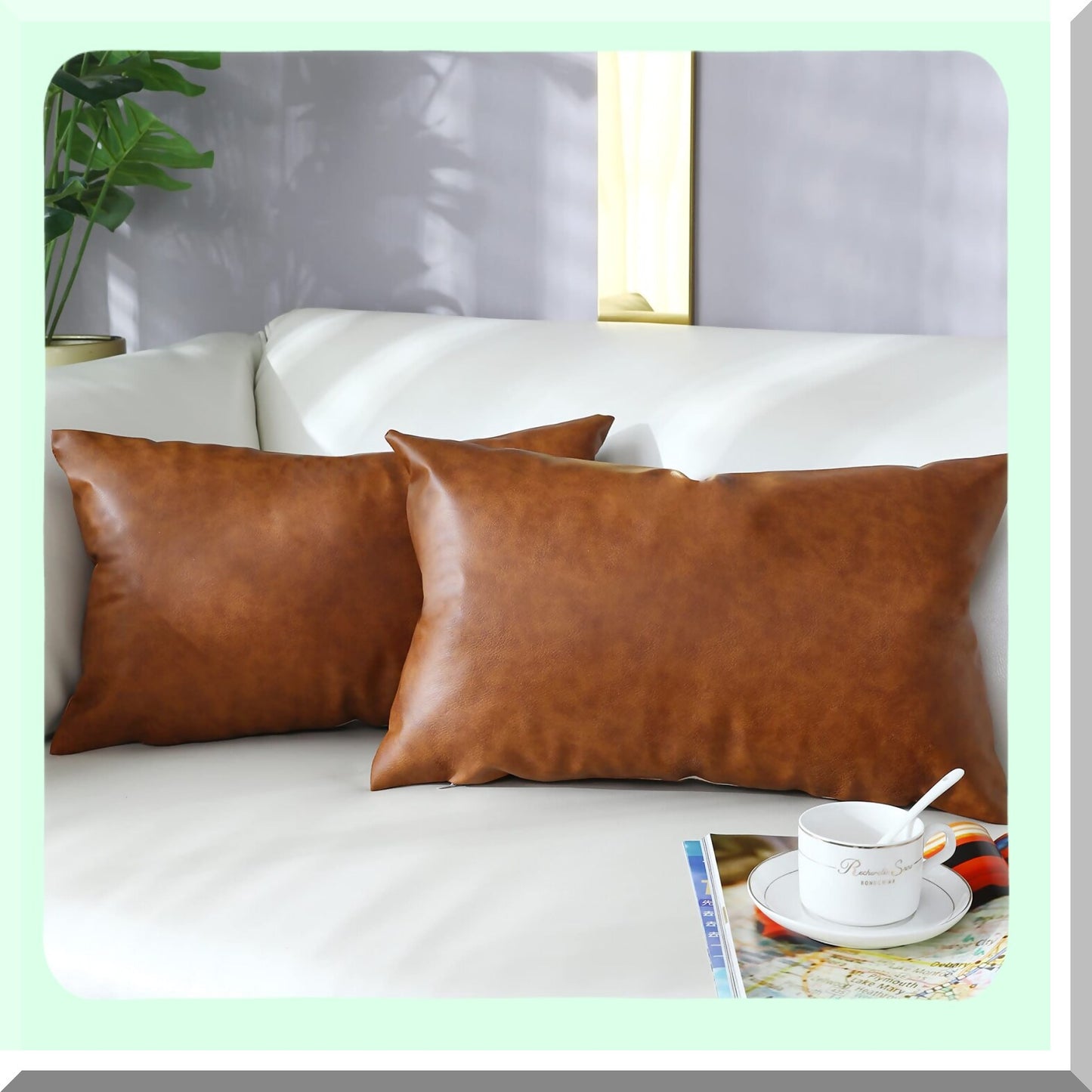 Rustic Leather Lumbar Pillow Covers Set - Modern Farmhouse Style 12x20 Inch Accent Pillowcase for Bedroom Living Room Sofa - Brown Throw Pillows 30x50cm